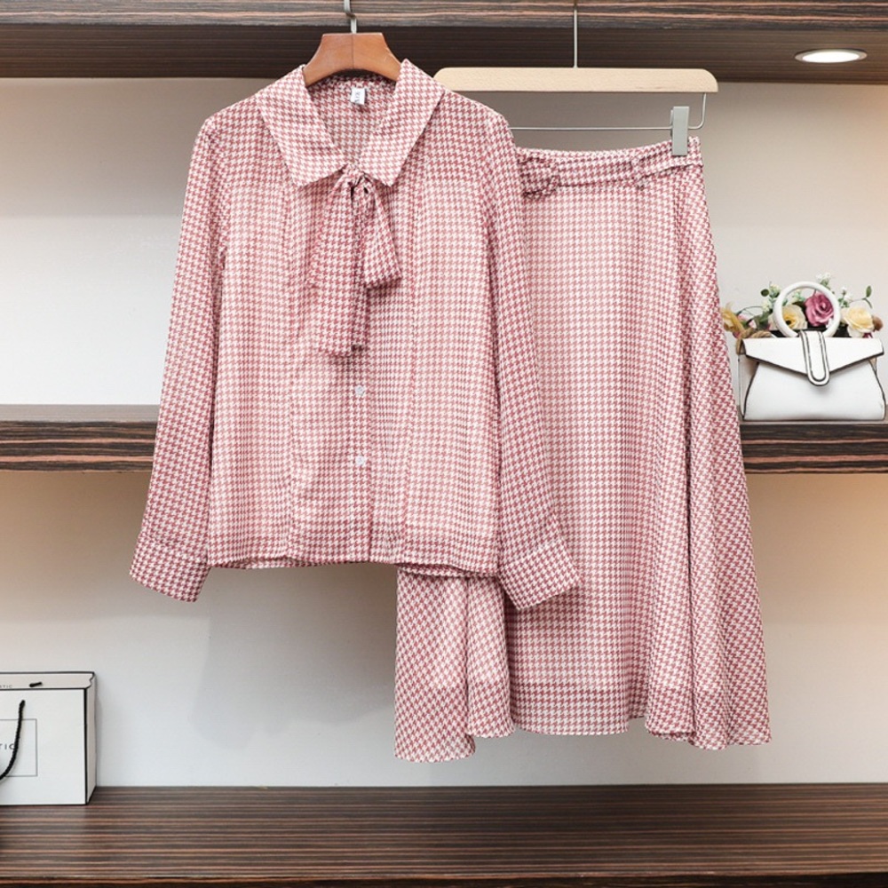 French Red Houndstood Set: Shirt + Skirt